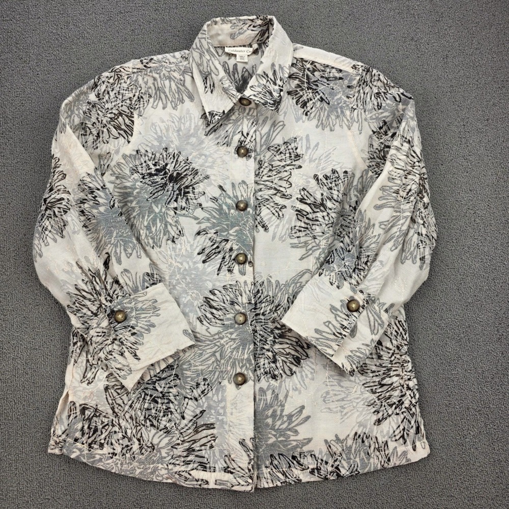 Coldwater Creek Floral Burnout Button Up Blouse Women Beige Embroidered PM